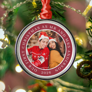 Our First Christmas as Mr and Mrs Red Couple Photo Metal Ornament