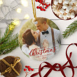Our First Christmas As Mr And Mrs Red Script Ceramic Ornament<br><div class="desc">Our First Christmas As Mr And Mrs Red Script Ceramic Ornament</div>