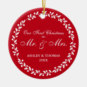 Our First Christmas as Mr. and Mrs. Round Red G Ceramic Tree Decoration