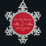 Our First Christmas as Mr. and Mrs. Snowflake Snowflake Pewter Christmas Ornament<br><div class="desc">Our First Christmas as Mr. and Mrs. Snowflake Ornament</div>