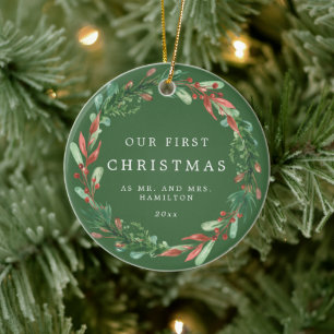 Our First Christmas as Mr and Mrs Wreath Ceramic O Ceramic Ornament