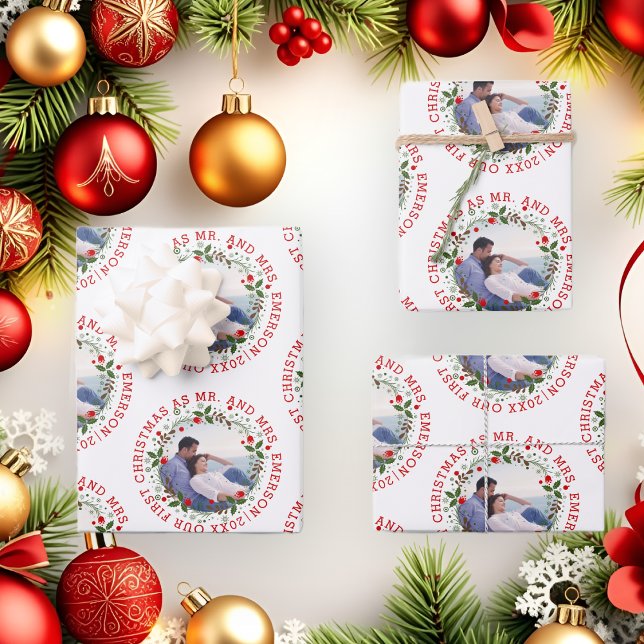 Our first Christmas as Mr and Mrs wreath photo Wrapping Paper Sheet (Creator Uploaded)