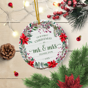 Our First Christmas as Mr & Mrs 2020 Rustic Wreath Ceramic Ornament