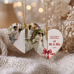 Our First Christmas as Mr & Mrs 4 Photo Red Bow Ceramic Ornament