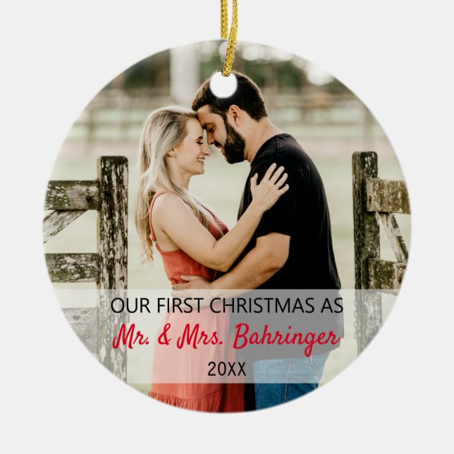 Our First Christmas As Mr. & Mrs. Add Two Photo Ceramic Ornament (Front)