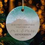 Our First Christmas as Mr & Mrs Beach Ceramic Ornament<br><div class="desc">Custom 1st christmas as newlyweds ornament featuring a tropical sandy shoreline,  turquoise blue sea,  the cute saying "our first christmas together as mr. & mrs." partly written in the sand,  your family name,  and the year.</div>