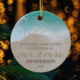 Our First Christmas as Mr & Mrs Beach Ceramic Ornament