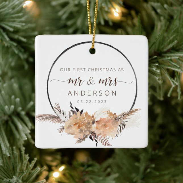 Our First Christmas As Mr & Mrs Boho Terracotta Ceramic Ornament (Tree)