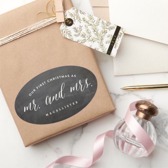 Our First Christmas As Mr & Mrs Chalkboard Wedding Oval Sticker (Gifting)