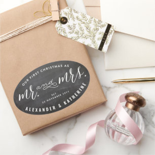 Our First Christmas As Mr & Mrs Chalkboard Wedding Oval Sticker