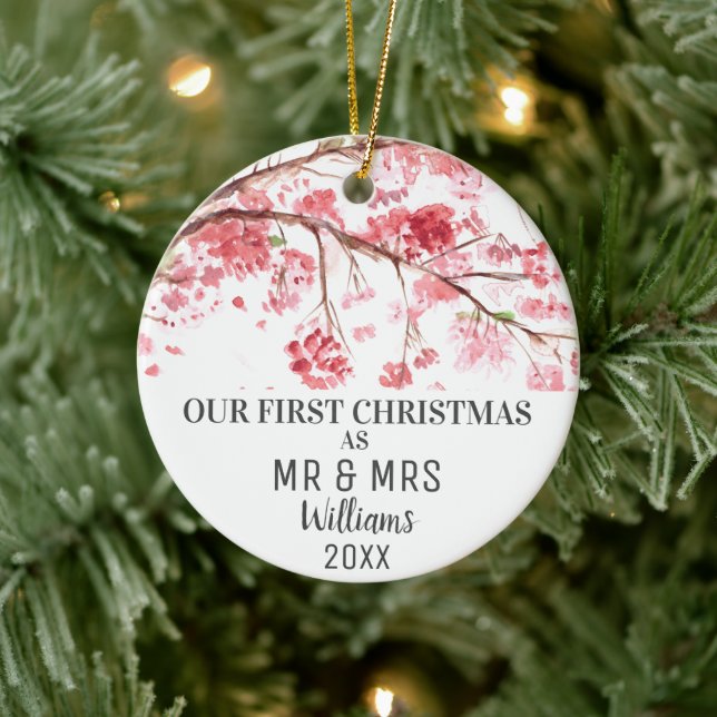 Our First Christmas as MR & MRS Cherry Blossom Ceramic Ornament (Tree)