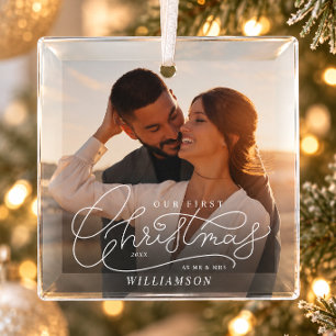 Our First Christmas As Mr Mrs Couple Photo Glass Tree Decoration