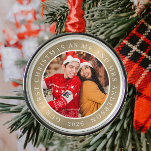 Our First Christmas as Mr & Mrs Couple Photo Gold Metal Ornament