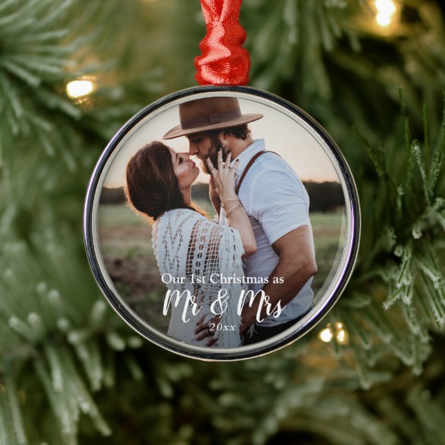 Our First Christmas As Mr & Mrs | Couple Photo Metal Ornament (Tree)
