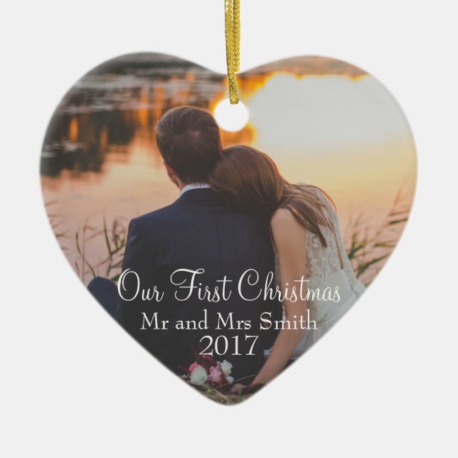 "Our First Christmas" as Mr & Mrs (Customizable) Ceramic Ornament (Front)