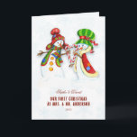 Our First Christmas As Mr. & Mrs.Cute Snowman Card<br><div class="desc">Cute and Romantic design featuring OUR FIRST CHRISTMAS typography,  cute watercolor Snowmans (He & She) on a white background with blue snowflakes. Use Personalise tool to add your info. For more matching items,  please visit my Dreamy Christmas Collection.</div>