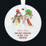 Our First Christmas As Mr. & Mrs.Cute Snowman Ornament<br><div class="desc">Cute and Romantic design featuring OUR FIRST CHRISTMAS typography,  cute watercolor Snowmans (He & She) on a white background with blue snowflakes. Use Personalise tool to add your info. For more matching items,  please visit my Dreamy Christmas Collection.</div>