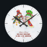 Our First Christmas As Mr. & Mrs.Cute Snowman Round Clock<br><div class="desc">Cute and Romantic design featuring OUR FIRST CHRISTMAS typography,  cute watercolor Snowmans (He & She) on a white background with blue snowflakes. Use Personalize tool to add your info. For more matching items,  please visit my Dreamy Christmas Collection.</div>
