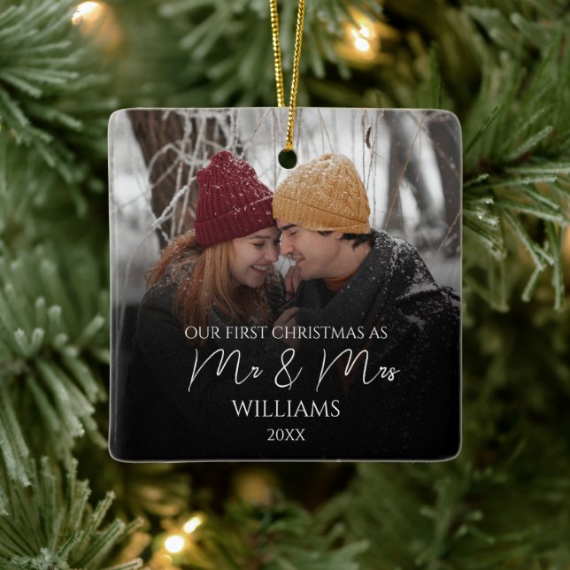 Our First Christmas As Mr & Mrs Elegant Photo Ceramic Ornament (Tree)
