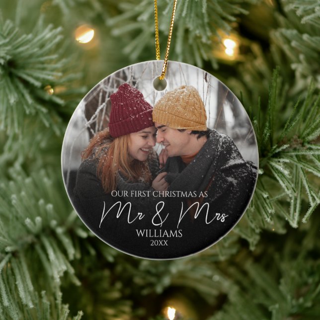 Our First Christmas As Mr & Mrs Elegant Photo Ceramic Ornament (Tree)