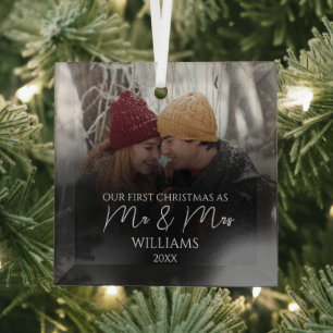 Our First Christmas As Mr & Mrs Elegant Photo Glass Tree Decoration