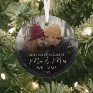 Our First Christmas As Mr & Mrs Elegant Photo Glass Tree Decoration