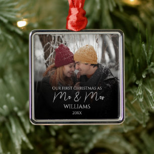 Our First Christmas As Mr & Mrs Elegant Photo Metal Ornament