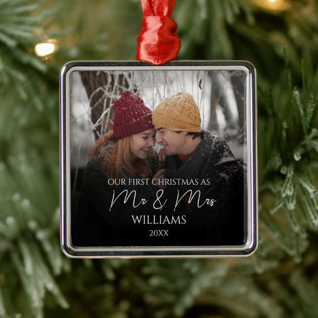 Our First Christmas As Mr & Mrs Elegant Photo Metal Ornament (Tree)