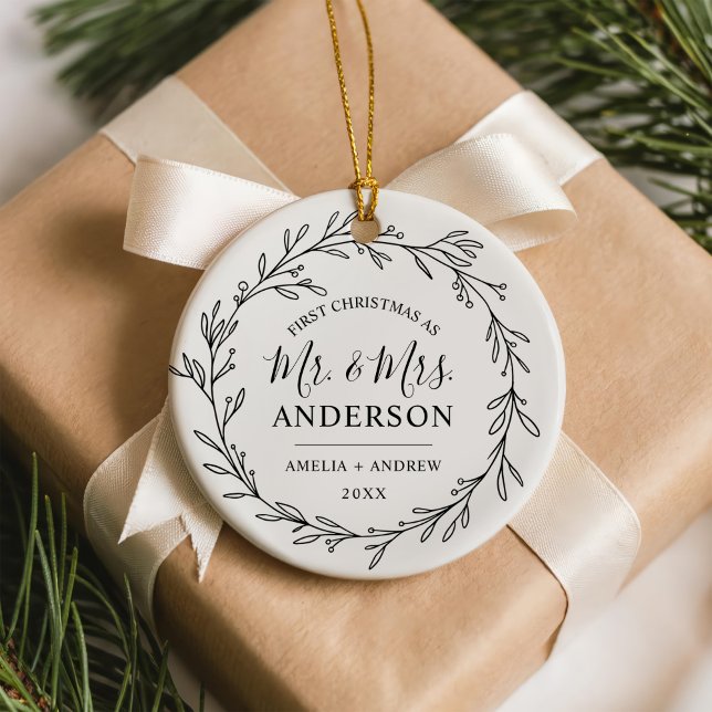 Our First Christmas as Mr Mrs Floral Wreath Ceramic Ornament (Creator Uploaded)
