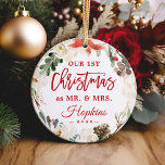 Our First Christmas as Mr Mrs Floral Wreath Photo Ornament<br><div class="desc">***** Don't forget to upload your favourite photo on the back. If you don't need the photo placement, you can remove it using design tool ***** Celebrate your First Christmas Married with this Poinsettia Floral Wreath Photo Ornament. Adding a favourite photo and text to this graceful design for a festive...</div>