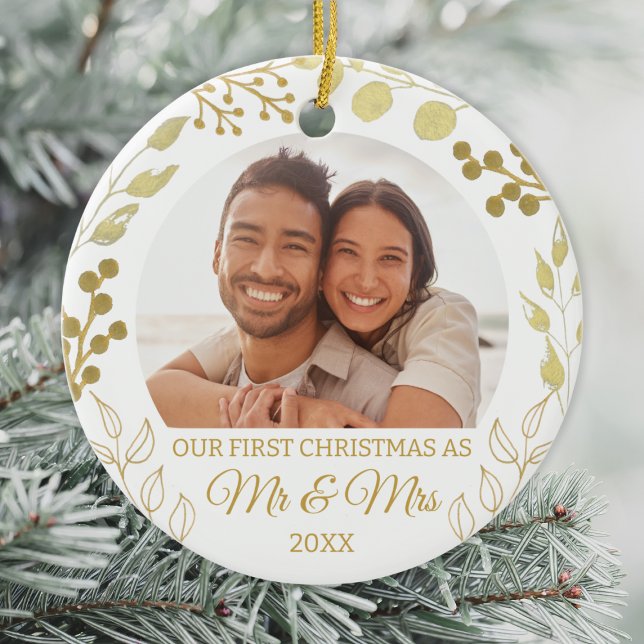 Our First Christmas As Mr & Mrs Gold Foliage Photo Ceramic Ornament (Creator Uploaded)