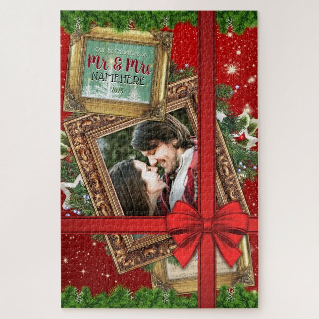 Our First Christmas as Mr & Mrs Gold Frame Photo Jigsaw Puzzle (Vertical)