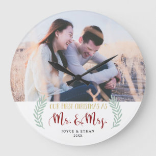 Our First Christmas as Mr. & Mrs. Holiday Newlywed Large Clock