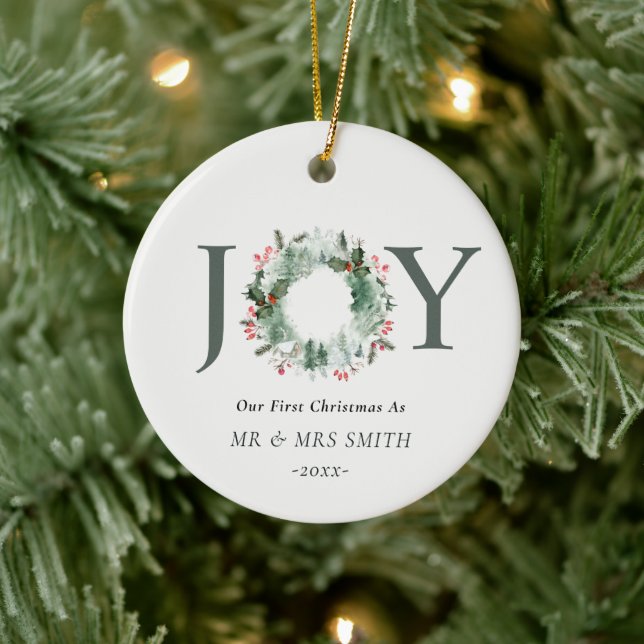 Our First Christmas as Mr Mrs Joy Wreath Photo Ceramic Ornament (Tree)
