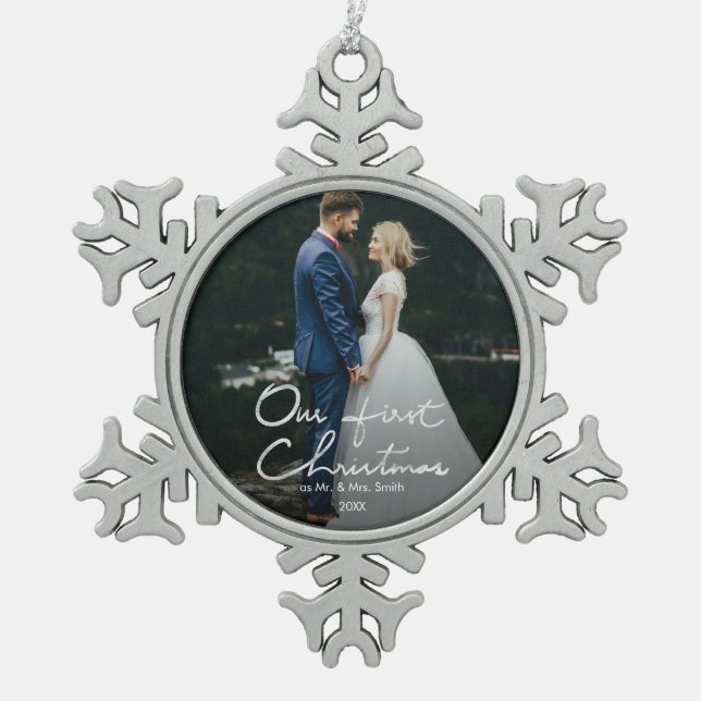 Our First Christmas as Mr. & Mrs. Keepsake Photo Snowflake Pewter Christmas Ornament (Front)