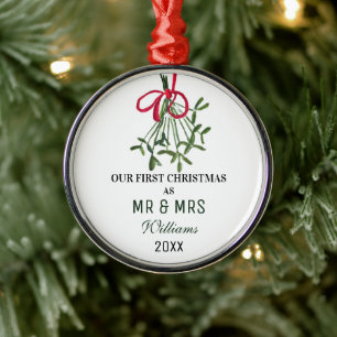 Our First Christmas as MR & MRS Mistletoe Rustic Metal Ornament