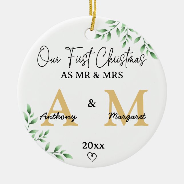 Our First Christmas As Mr & Mrs | Monogram & Photo Ceramic Ornament (Front)