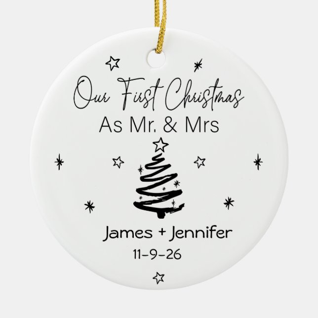 Our First Christmas as Mr & Mrs Names & Photo Ceramic Ornament (Front)