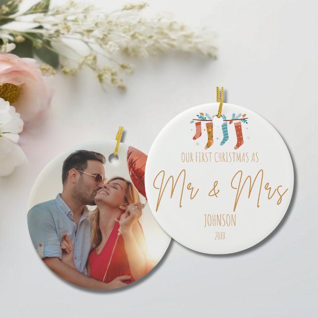 Our First Christmas as Mr. & Mrs. Personalised  Ceramic Ornament (Our First Christmas as Mr. & Mrs. Personalized Ceramic Ornament)