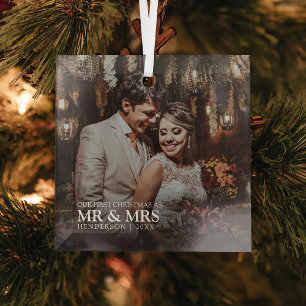 Our First Christmas as Mr & Mrs Photo Stylish Glass Tree Decoration