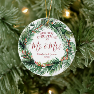 Our First Christmas As Mr & Mrs Photo Wreath Ceramic Ornament