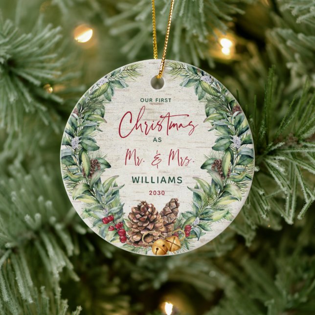 Our First Christmas as Mr & Mrs Pine Wreath Birch  Ceramic Ornament (Tree)