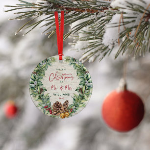 Our First Christmas as Mr & Mrs PIne Wreath Photo Ceramic Ornament