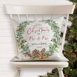 Our First Christmas as Mr & Mrs Pine Wreath Photo Cushion