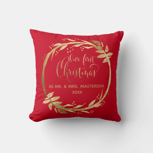 Our First Christmas As Mr & Mrs | Red Gold Wreath Cushion (Front)