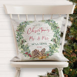 Our First Christmas as Mr & Mrs Rustic Pine Wreath Cushion<br><div class="desc">Celebrate your First Married Christmas with this beautiful festive holiday design throw pillow. It features a watercolor holiday wreath comprised of snow berries, pine cones and sprigs, red berries and faux bronze bells, on a natural looking faux birch bark background. "Christmas" and Mr. & Mrs." are printed in festive red...</div>