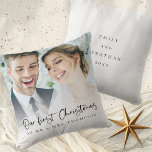 Our First Christmas As Mr Mrs Script Photo Cushion<br><div class="desc">Our First Christmas As Mr Mrs Script Photo Names Year. A playful set script for Our First Christmas and easy to personalise with your married name on the front and names and the year on the other side and replace the sample photo on the front with your own. A gradient...</div>