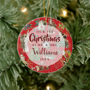 Our First Christmas As Mr Mrs Vintage Photo Red Ceramic Ornament