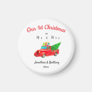 Our First Christmas As Mr & Mrs Vintage Red Truck Magnet