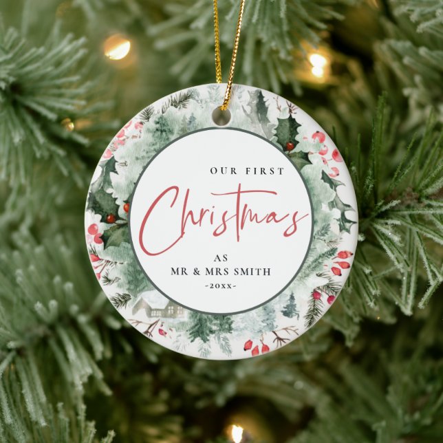 Our First Christmas as Mr Mrs Winter Wreath Photo Ceramic Ornament (Tree)